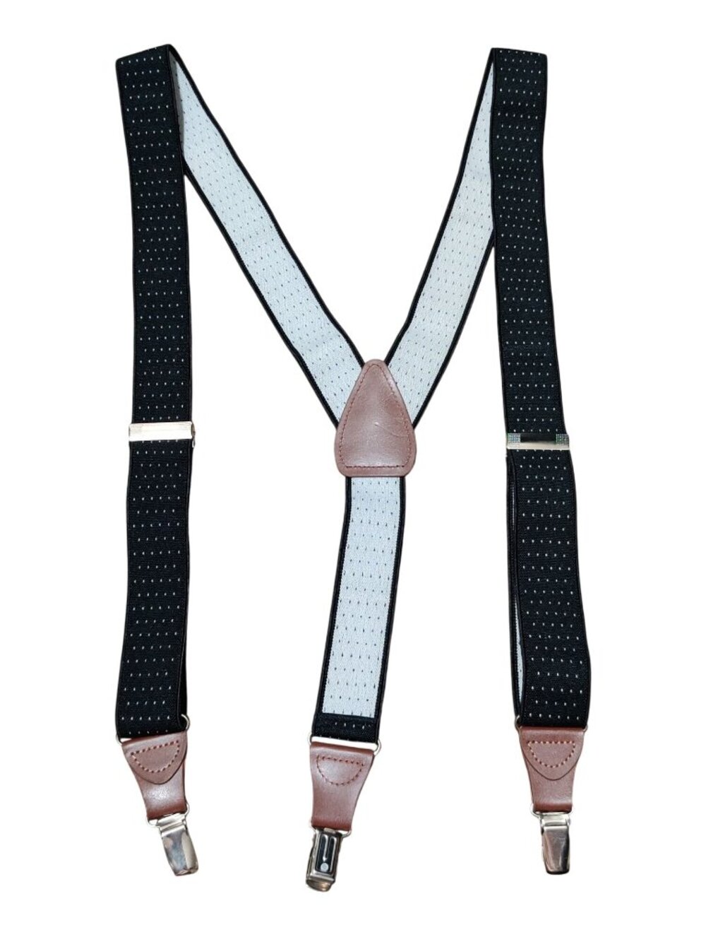Suspenders Black White Dot Y Back Adjustable Clip On Brown Leather Look Retro